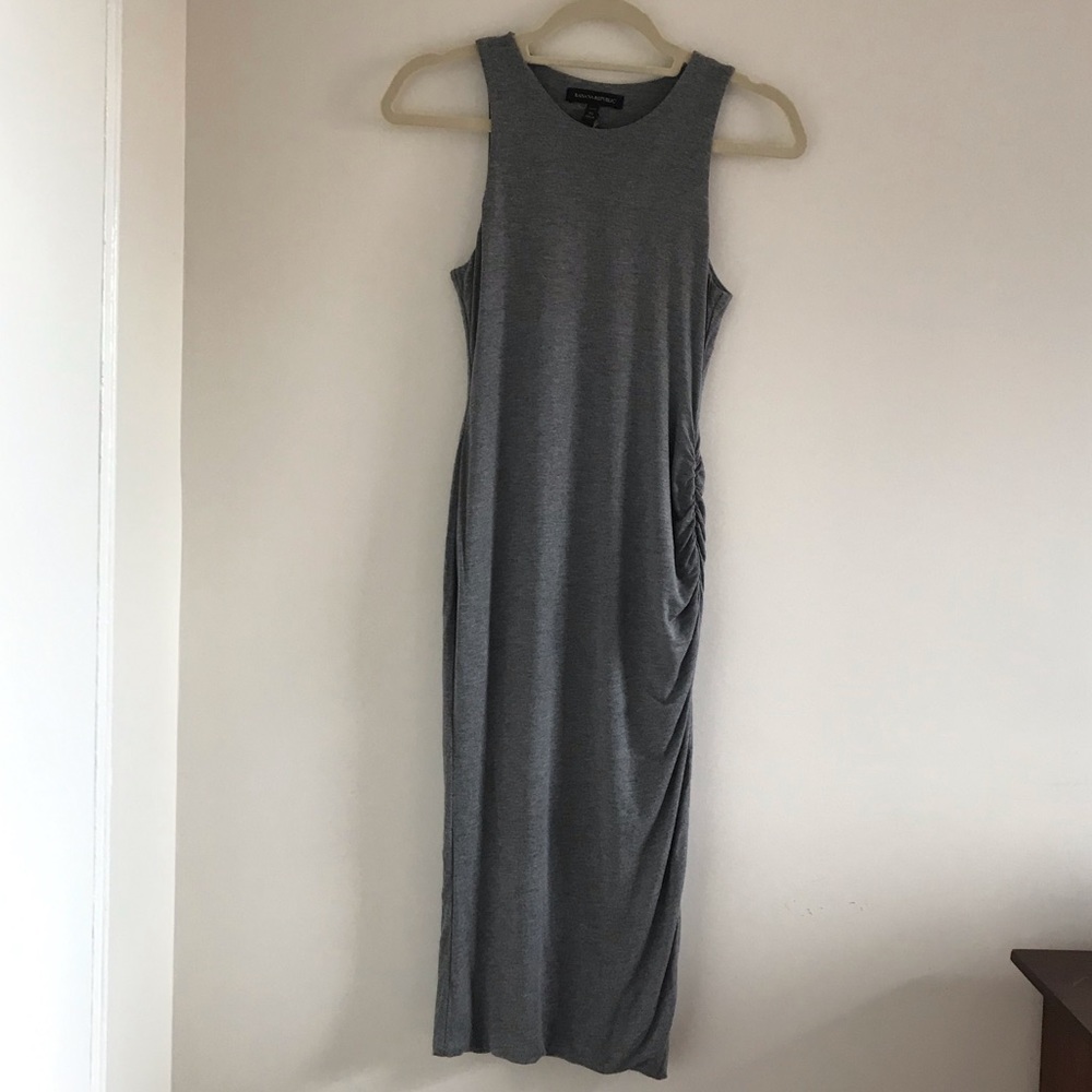 Stretch midi dress with side ruching.